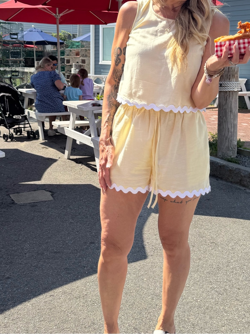 Women's Yellow Sleeveless Romper with Scallop Trim